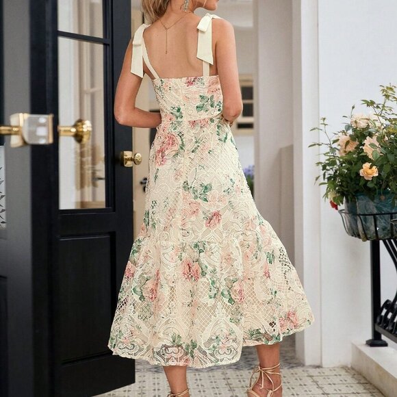 Multicolor Elegant Women's Lace Print Spaghetti Strap Dress - Picture 2 of 7